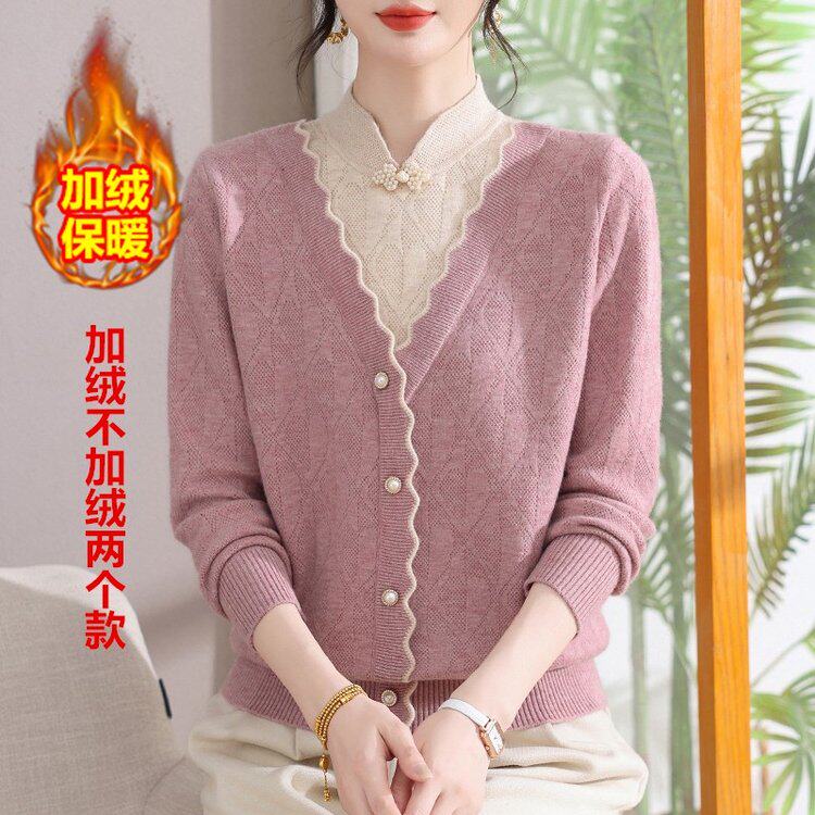 中老年女装假两件加绒针织打底衫妈妈装保暖洋气洋气上衣