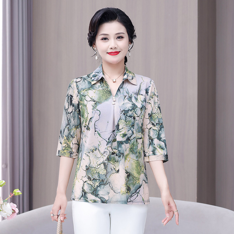 妈妈雪纺衫女宽松遮肚2025夏季新款印花中袖衬衫夏装上衣洋气小衫