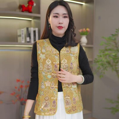 新中式国风提花无袖马甲女中老年妈妈装盘扣坎肩洋气百搭上衣