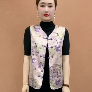新中式印花马甲女2026春季外穿妈妈装单排扣坎肩中老年女装