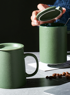 北欧高档陶瓷绿色泡茶大容量马克杯子简约磨砂咖啡杯带勺水杯定制