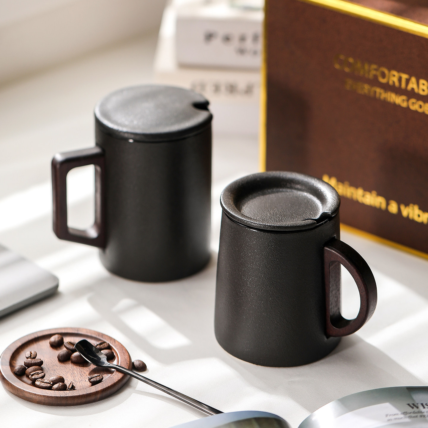 木手把柄磨砂个性陶瓷马克杯粗陶黑色复古咖啡杯奶茶水杯杯子定制