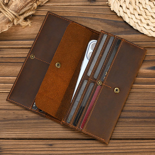 手工真皮男士钱包超薄长款牛皮多卡位皮夹2折疯马皮简约复古男包