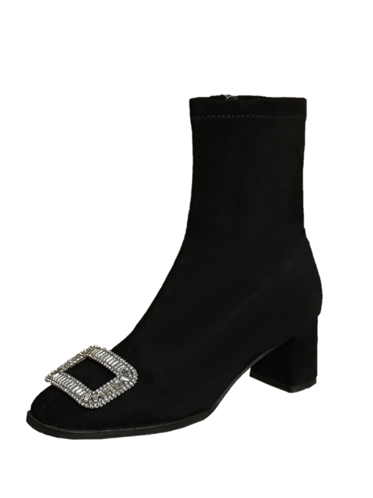 RHINESTONE BLOCK HEEL BOOTIE WOMENS SQUARE HEAD SIDE ZIPPER HIGH HEEL MARTIN BOOTS 2024 AUTUMN WINTER VELVET BOOTS WOMENS SKINNY BOOTS