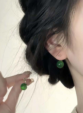 新中式绿色仿玛瑙圆球耳钉女轻奢小众设计高级感耳环国风气质耳饰