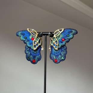 中古vintage刺绣蝴蝶耳钉女民族风耳环轻奢小众设计高级独特耳饰