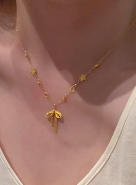 金色拉丝蝴蝶结项链女配饰颈链