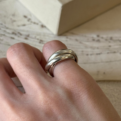 银色三环交叉素圈戒指女小众设计