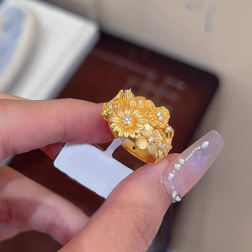 黄金色拉丝繁花戒指女轻奢高级感