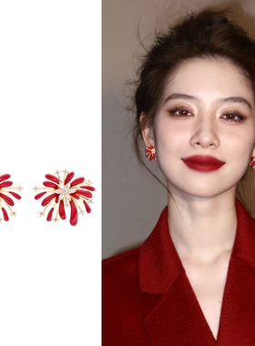 红色烟花耳环巨好看绝美耳钉2026新款轻奢高级感小众独特秋冬耳饰