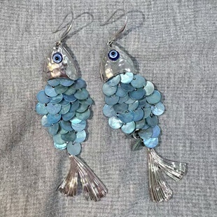 蓝色鱼鳞圆片小鱼耳环复古耳钩轻奢小众设计夸张海边度假风耳饰女