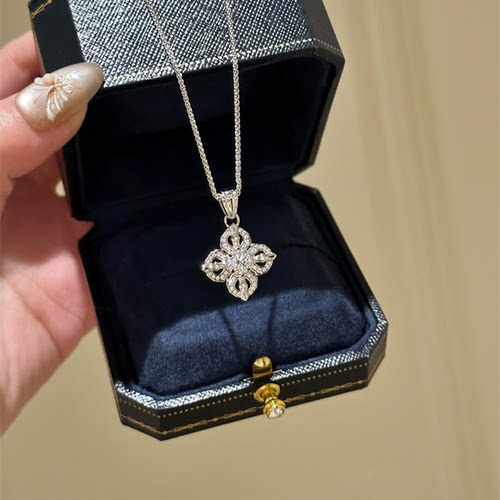 S925纯银中古满钻四叶草项链