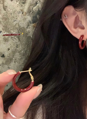 S925纯银红色耳环2026新款爆款高级感耳圈轻奢小众耳钉秋冬耳饰女