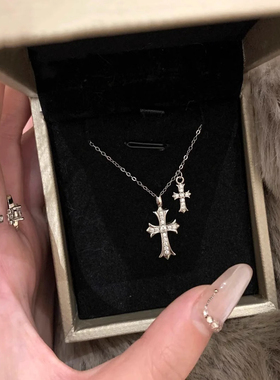 纯银双十字架仿闪钻项链