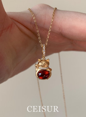 红色石榴石猫咪项链本命年新年