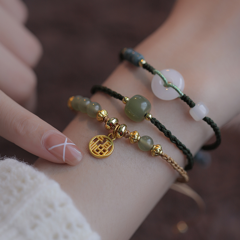 和田玉手绳平安扣手链女轻奢闺蜜单珠手串编织绳可调节高级感百搭