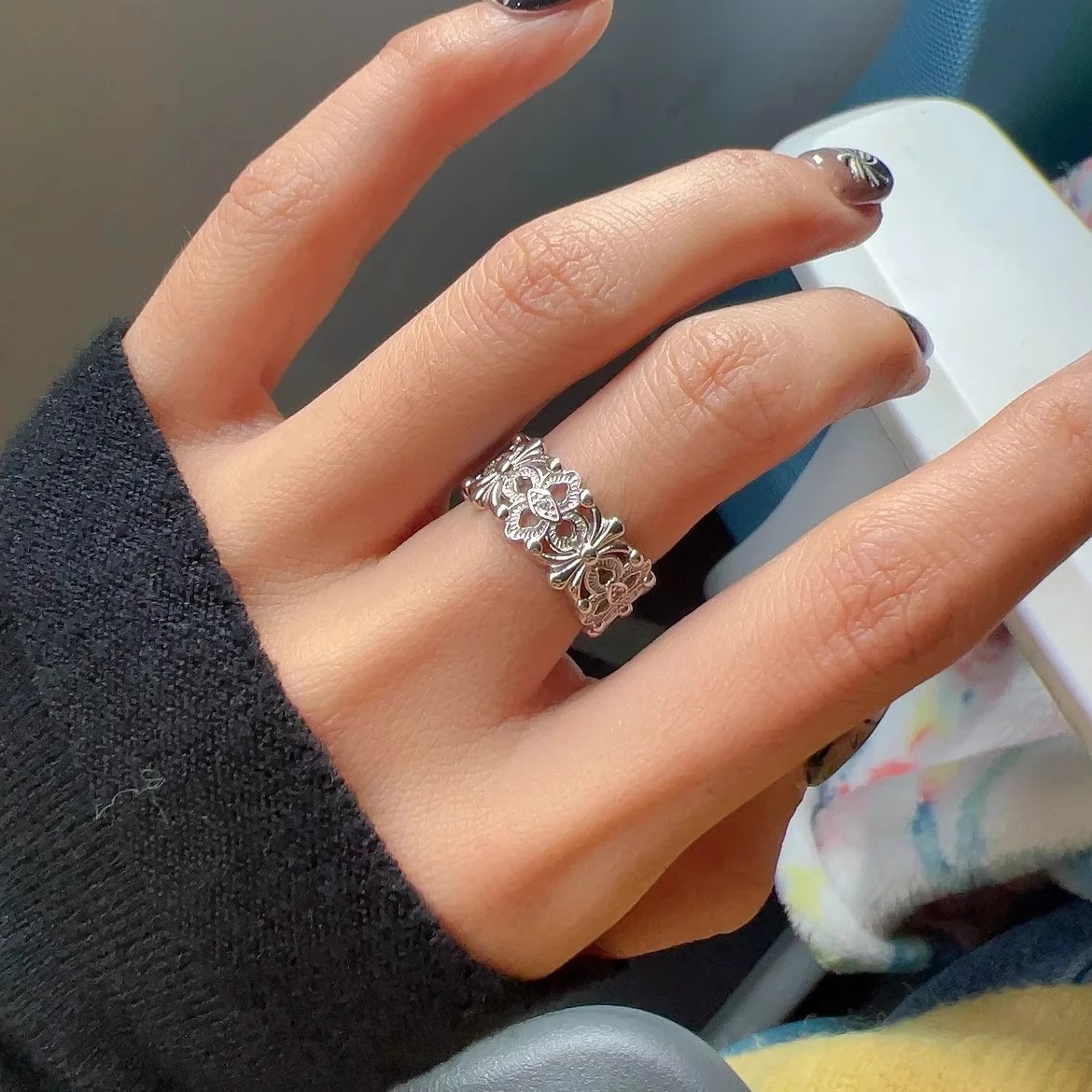 S925纯银镂空雕花戒指女