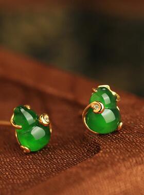 S925纯银福禄翡翠葫芦耳钉女绿色耳环2026新款爆款高级感耳饰春夏