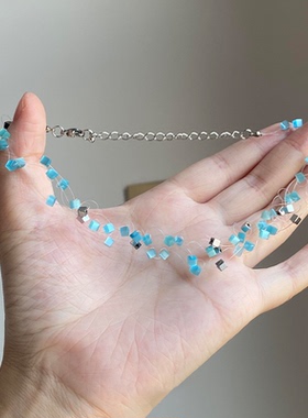 夏日蓝色小方块猫眼石项链