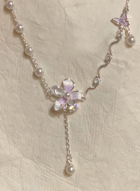 紫色渐变滴釉花朵仿珍珠项链