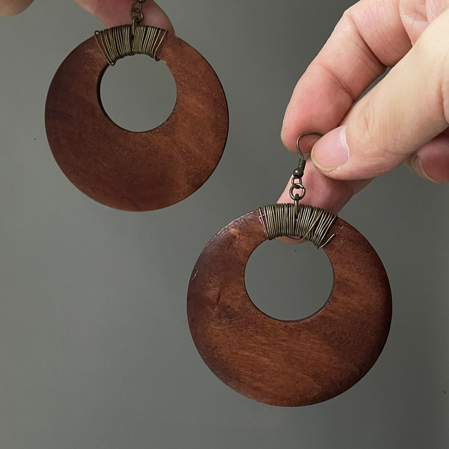 中古vintage木制镂空耳环女