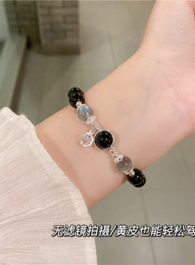 灰月光黑曜石水晶手链女生手串