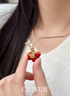 红色滴釉小马编绳项链长款毛衣链