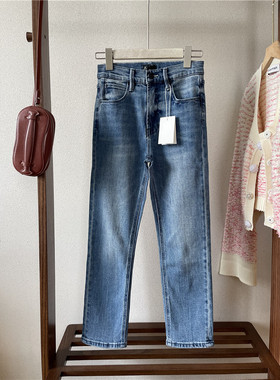 欧美系MO！怀旧水洗蓝色高腰修身露脚踝小脚九分牛仔裤女8~9分裤