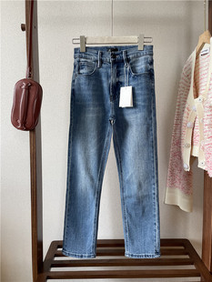 欧美系MO!怀旧水洗蓝色高腰修身露脚踝小脚九分牛仔裤女8~9分裤