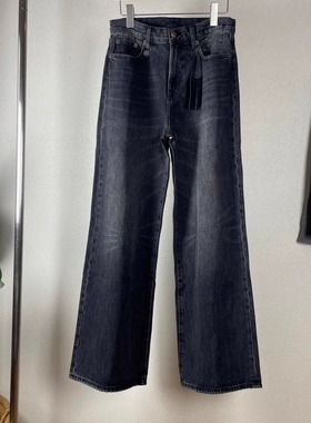 R美式水洗灰色做旧高腰直筒阔腿牛仔裤长裤子无弹显瘦显腿长时髦