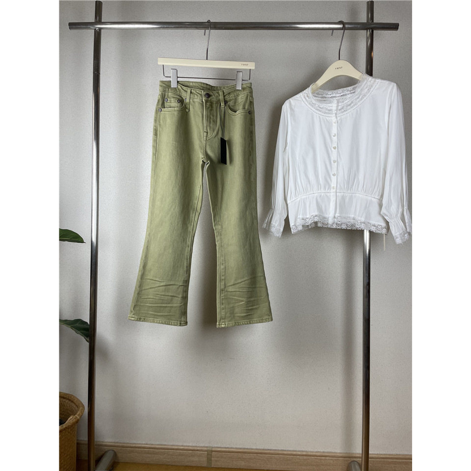 美式R显瘦时髦复古军绿色中腰褶皱感纹理九分微喇叭牛仔裤小个子