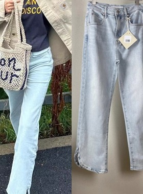 巨显瘦Mo~高腰及踝直筒九分牛仔裤外侧开衩弧形裤管设计感浅蓝色