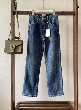 MO！欧美系复古蓝色高腰百搭修身显瘦九分小直筒牛仔裤微弹烟管裤
