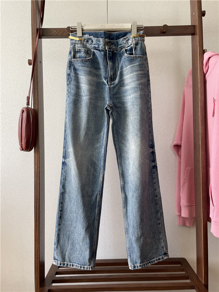 CE!欧美法系金属链条高腰猫须纹水洗色怀旧蓝牛仔长裤女直筒无弹,女装/女士精品,牛仔裤,淘宝优惠券,粉丝福利购,淘宝优惠卷
