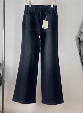 Mo高级黑灰色高腰气质牛仔裤全长织绒加厚喇叭长裤女加绒显瘦弹力