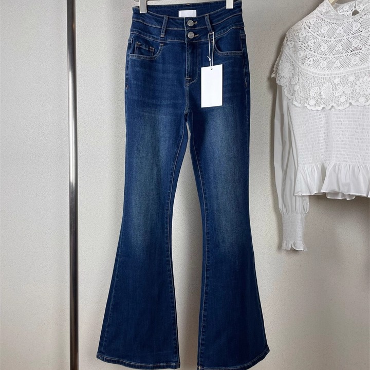 气质简约双腰头两粒扣喇叭牛仔裤