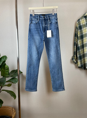 保暖显瘦mo牛仔裤小直筒烟管裤修身九分秋冬加绒复古浅蓝黑色