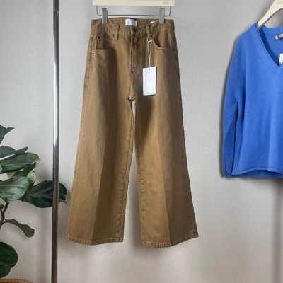 深卡其色高腰宽松直筒九分牛仔裤