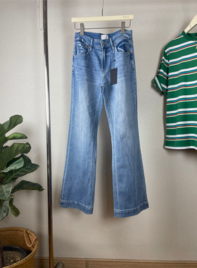 Pg24早春高腰古着宽腿裤宽边浅蓝色直筒牛仔裤长裤子微弹