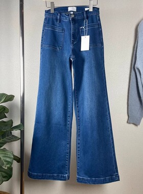 欧美系FD深蓝色加绒保暖厚实阔腿直筒高腰弹力牛仔裤长裤前口袋