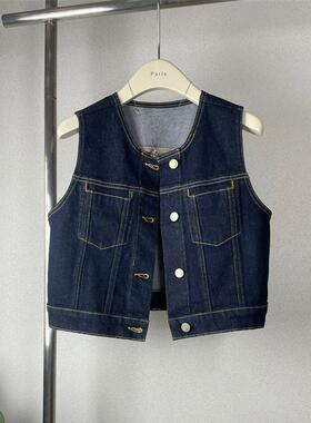 24SS款小众牛仔背心马甲短款深蓝色叠穿时髦设计感无袖显瘦减龄