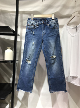 欧单新款 中腰7-8分裤长破洞毛边小直筒牛仔裤女显瘦精品裤子