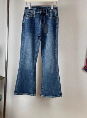 R25新款欧美深蓝怀旧中腰微弹力九分微喇叭牛仔裤女 小个子显高