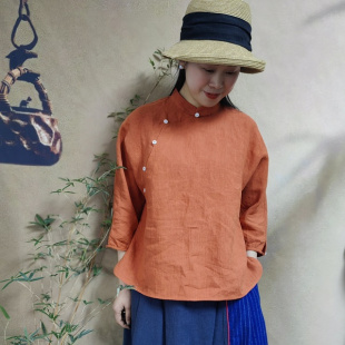 中式 素荷自制 亚麻上衣立领宽松百搭复古夏 清雅 福利款