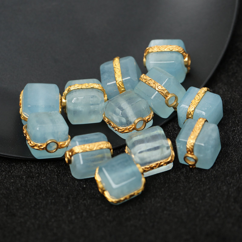 S GOLD-PLATED INLAID NATURAL CRYSTAL AQUAMARINE SUGAR CUBE GOLD-FILLED ACCESSORIES DIY BRACELET WOMENS BRACELET BEADS