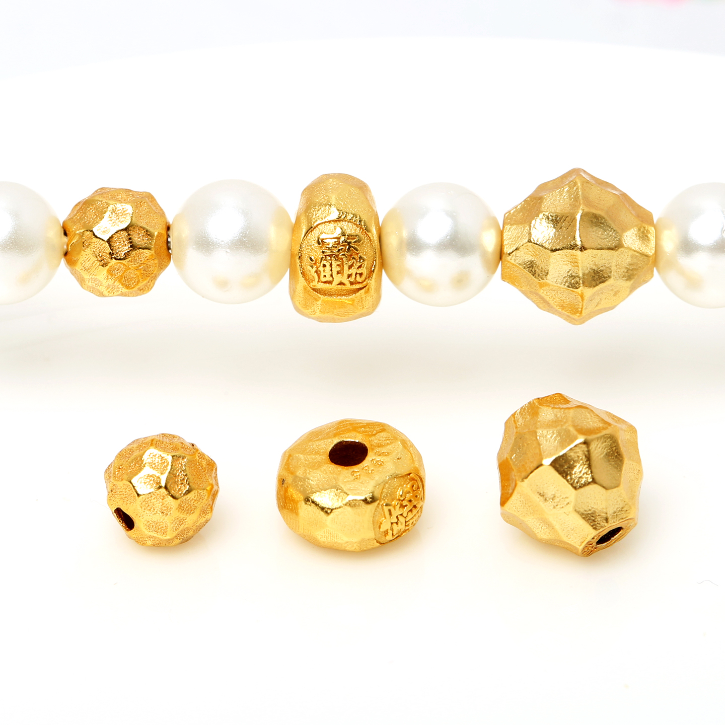 古法银镀金锤纹圆珠招财进宝隔珠