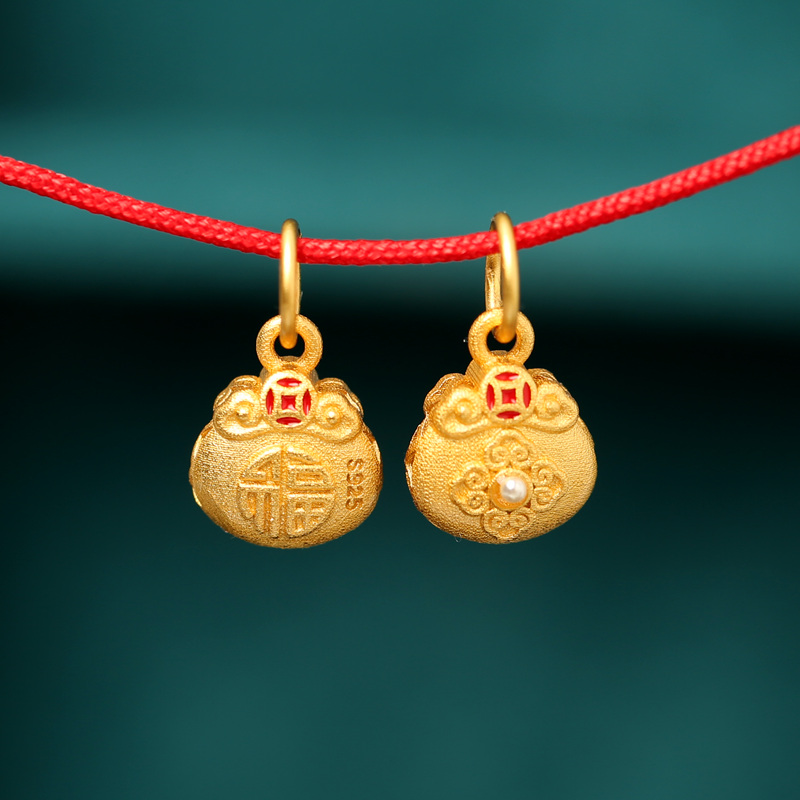 s925纯银镀金福字如意钱袋吊坠