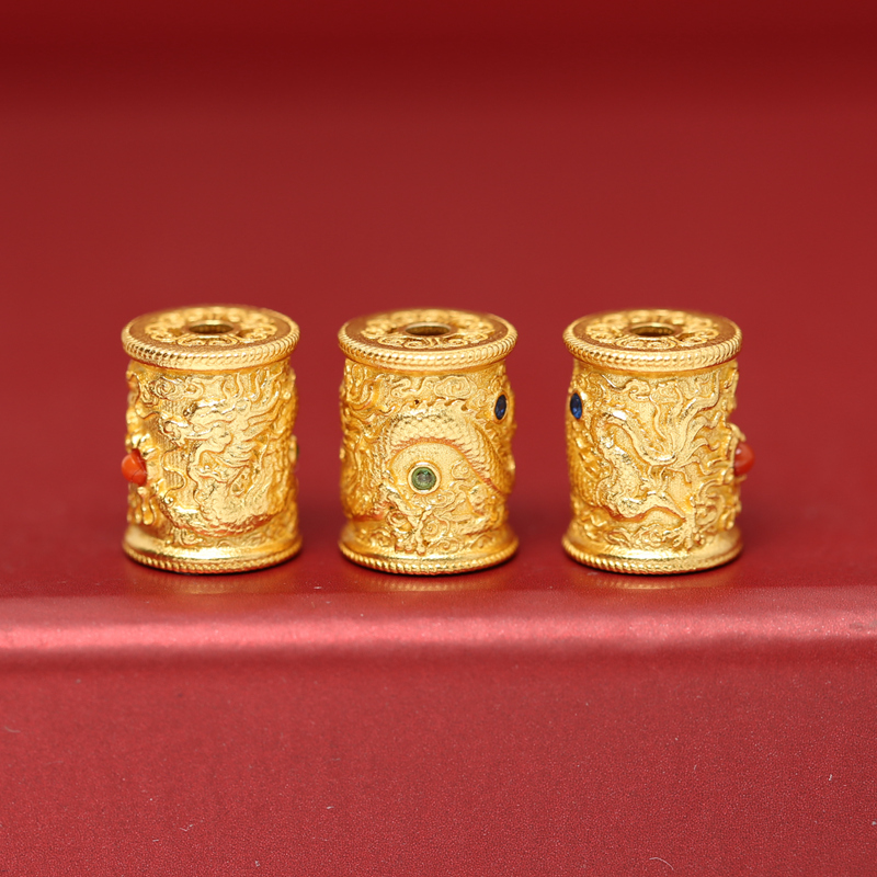 簪刻古法金925银镀金镶嵌南红绿松石龙柱桶珠diy文玩佛珠手串配件