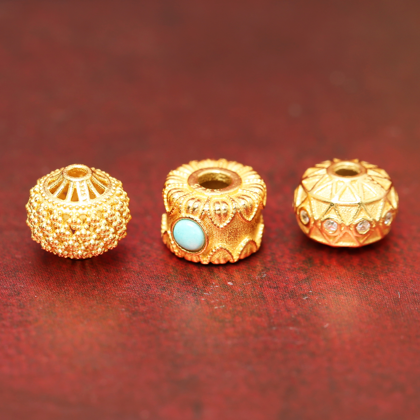 錾刻古法金S925纯银镀金镶钻鼓珠