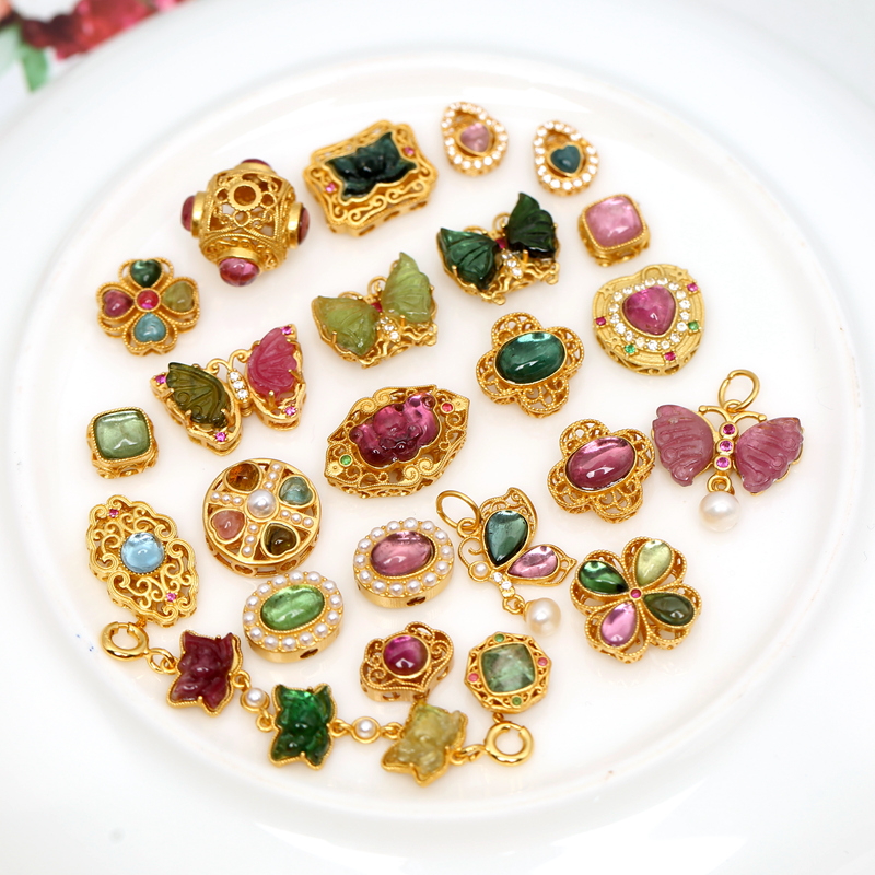 银镀金镶天然水晶碧玺蝴蝶四叶草